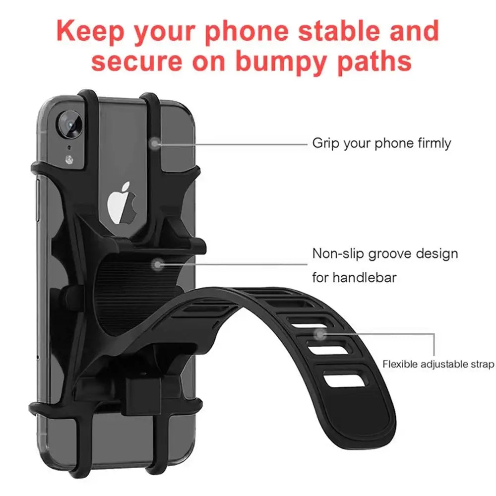 Black silicone stroller phone holder bicycle mount with adjustable strap and non-slip groove for handlebar use