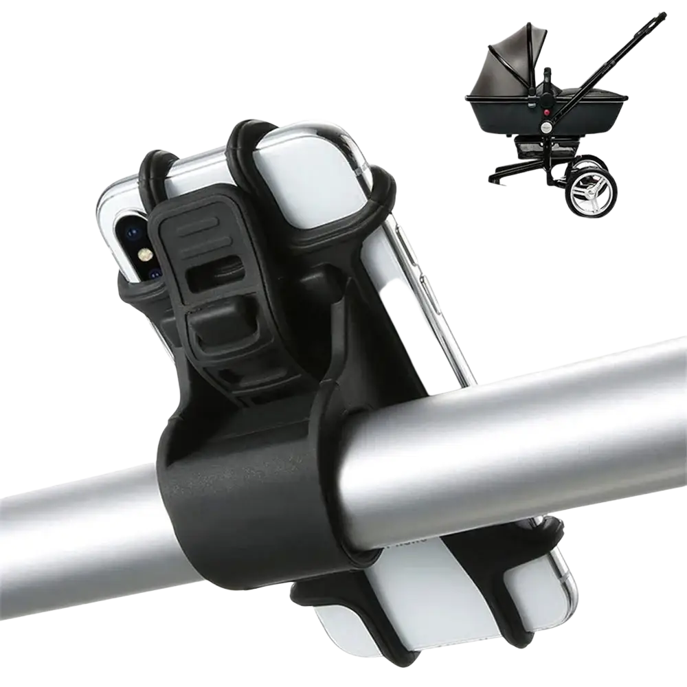 Black silicone stroller phone holder bicycle mount with adjustable clamps to securely hold smartphone on handlebar