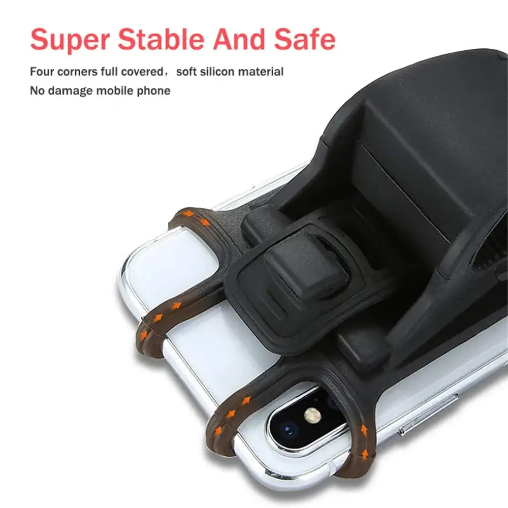 Black silicone stroller phone holder bicycle mount with brown accents and orange arrows to securely hold smartphone