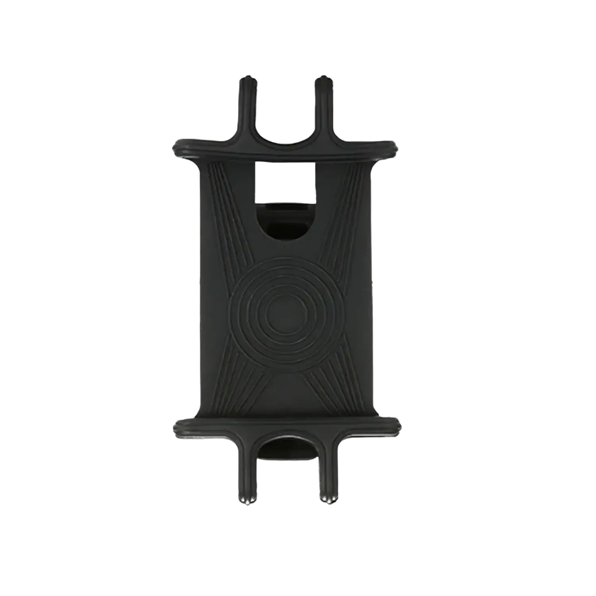 Black silicone stroller phone holder bicycle mount with textured circular and radiating line design back side view