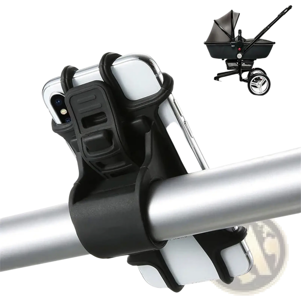Black silicone stroller phone holder bicycle mount with adjustable clamps to securely hold smartphone on handlebar
