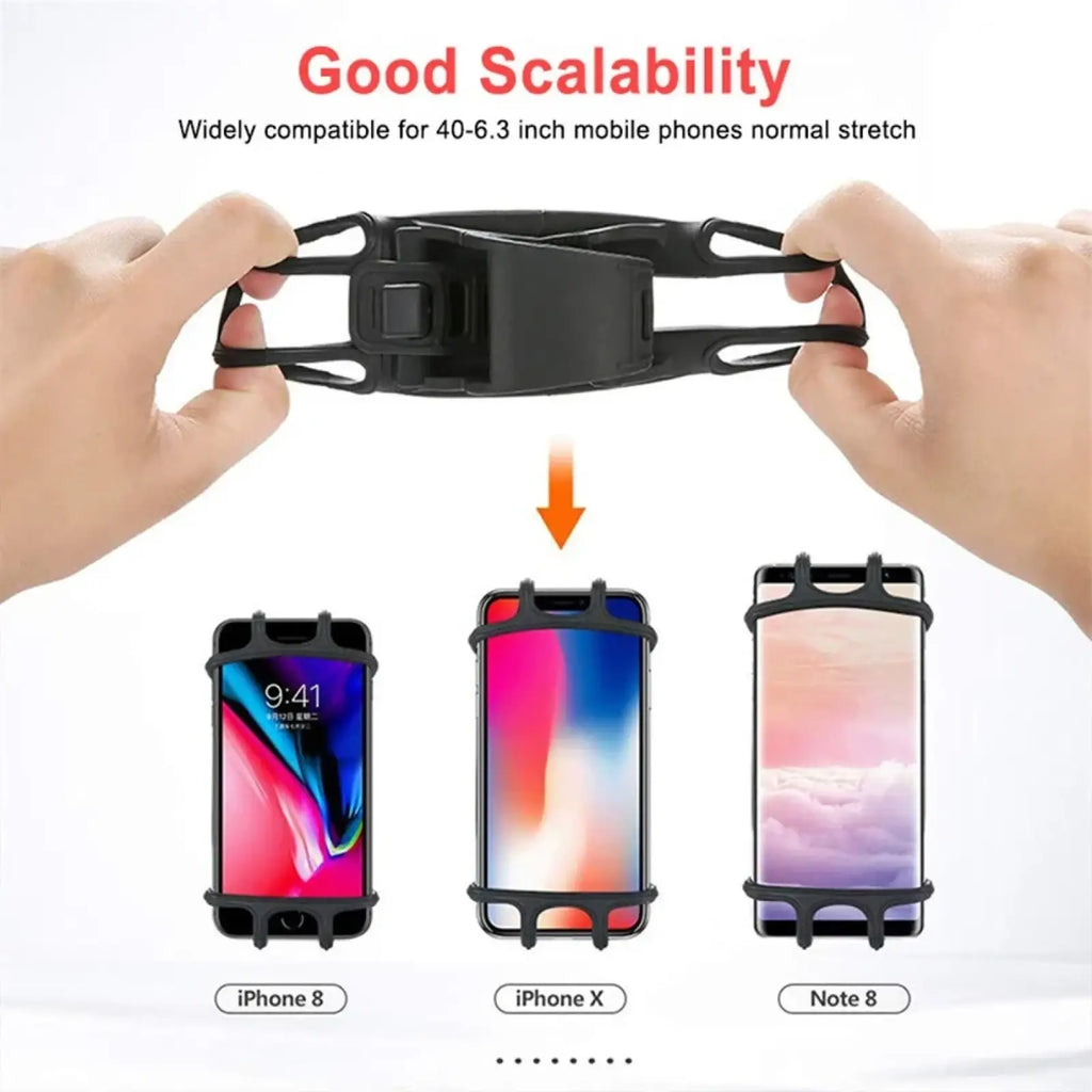 Black elastic silicone stroller phone holder with adjustable clasp for securely mounting smartphones on bicycles