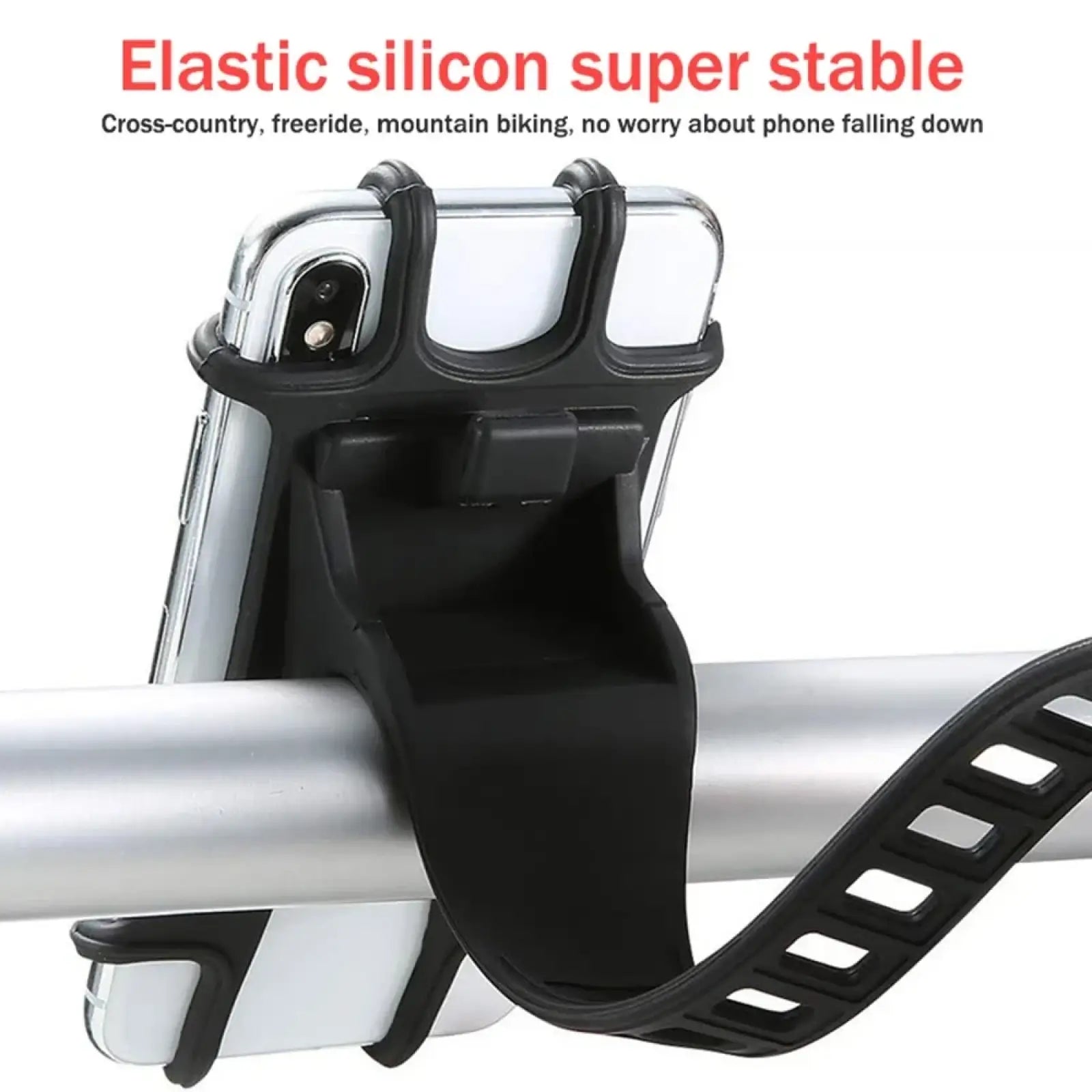 Black elastic silicone stroller phone holder bicycle mount with super stable design for secure biking use