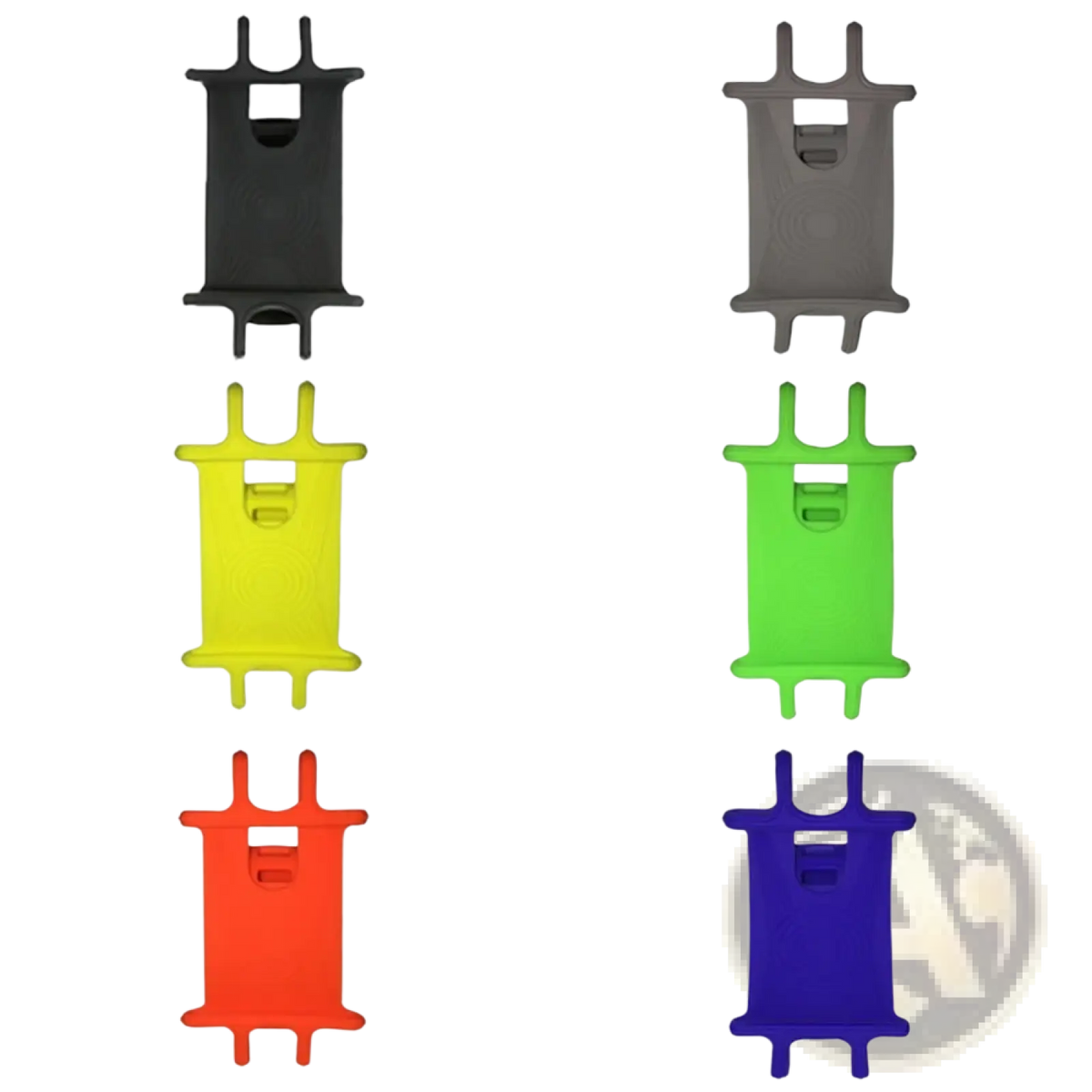 Six silicone stroller phone holder bicycle mounts in black gray yellow green orange and blue colors