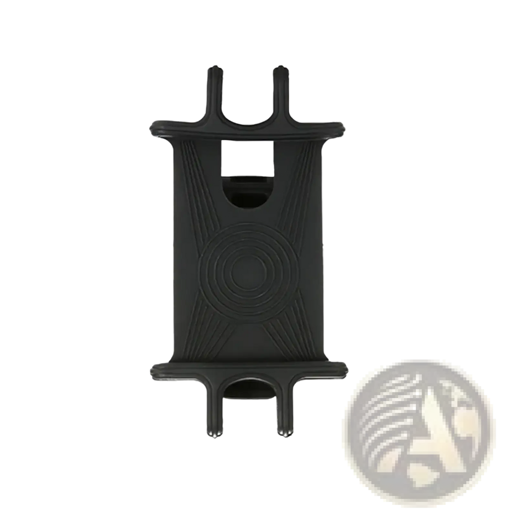 Black silicone stroller phone holder bicycle mount with textured circular and radiating line design back side view