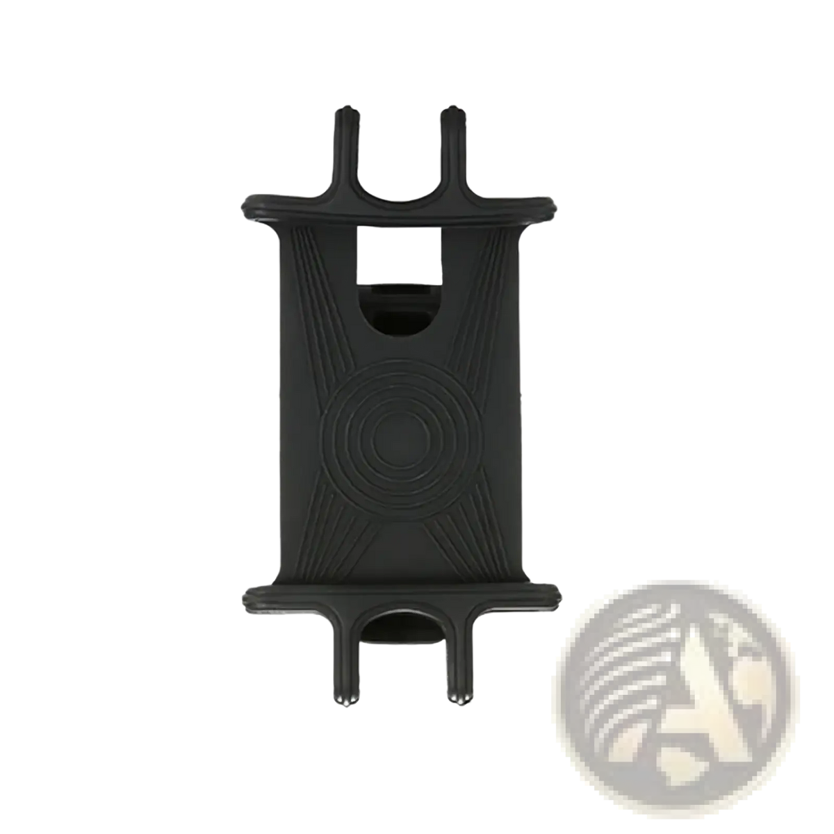 Black silicone stroller phone holder bicycle mount with textured circular and radiating line design back side view