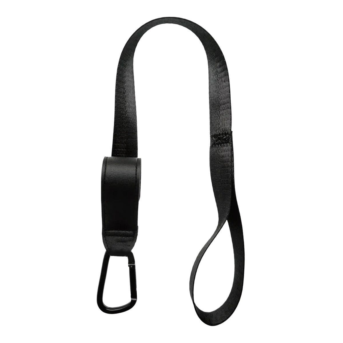 Black stroller safety wrist strap with leather-like loop metal carabiner and anti skid webbing leash