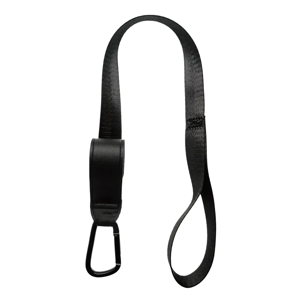 Black stroller safety wrist strap with anti skid webbing, leather-like handle, and metal carabiner clip