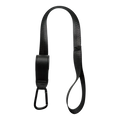 Black stroller safety wrist strap with anti skid webbing, leather-like handle, and metal carabiner clip