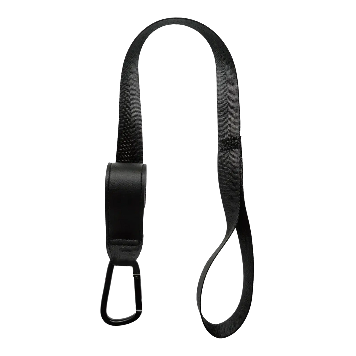 Black stroller safety wrist strap with anti skid webbing, leather-like handle, and metal carabiner clip