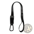 Black stroller safety wrist strap with anti skid webbing, leather-like handle, and metal carabiner clip