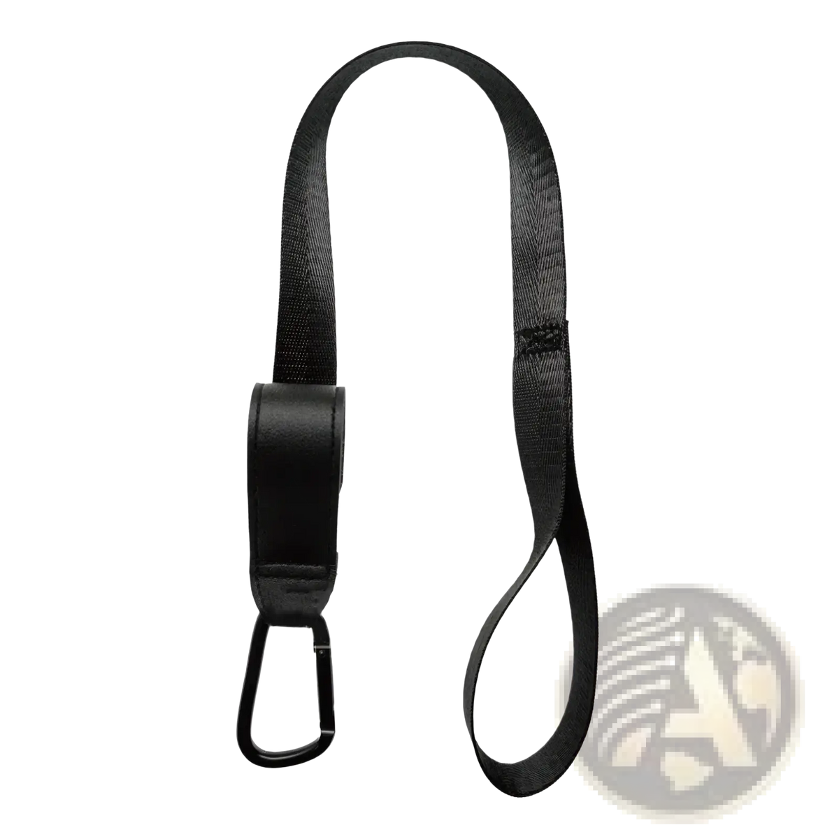 Black stroller safety wrist strap with anti skid webbing, leather-like handle, and metal carabiner clip