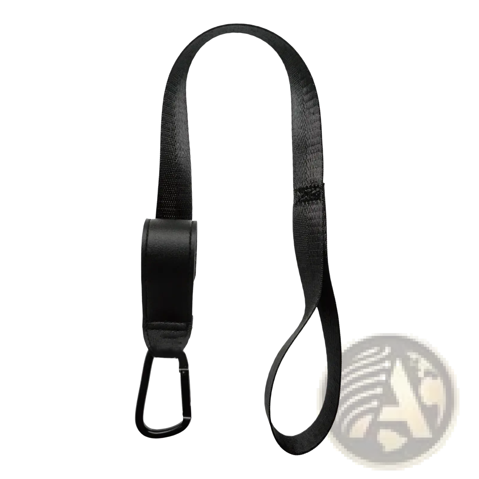 Black stroller safety wrist strap with leather-like loop metal carabiner and anti skid webbing leash