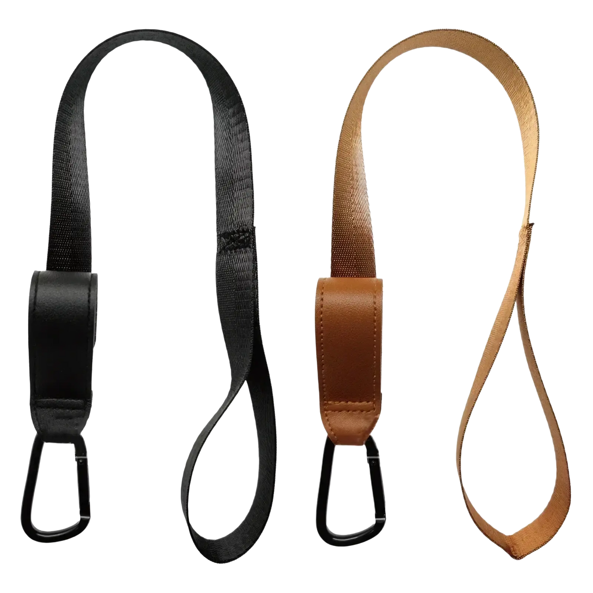 Black and tan stroller safety wrist strap with leather accents and black carabiner clips for anti skid leash use