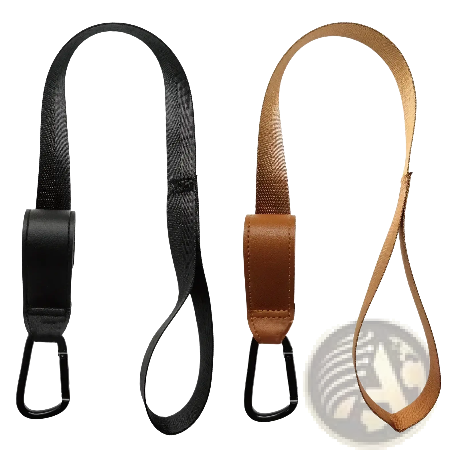 Black and tan stroller safety wrist strap with leather accents and black carabiner clips for anti skid leash use