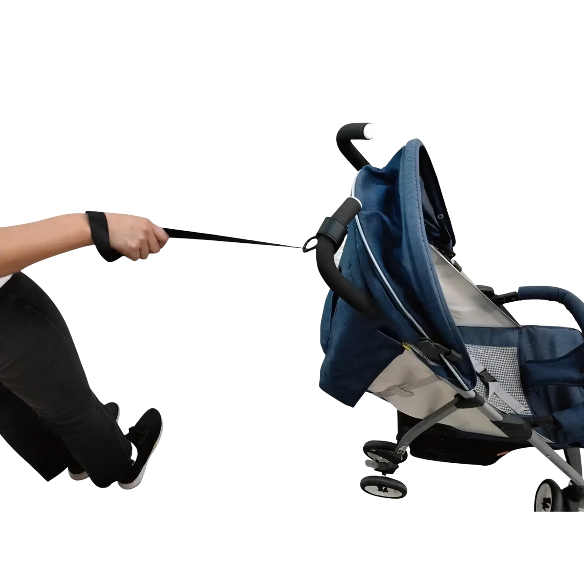 Blue and gray stroller with black handle grips and wheels featuring a stroller safety wrist strap anti skid leash