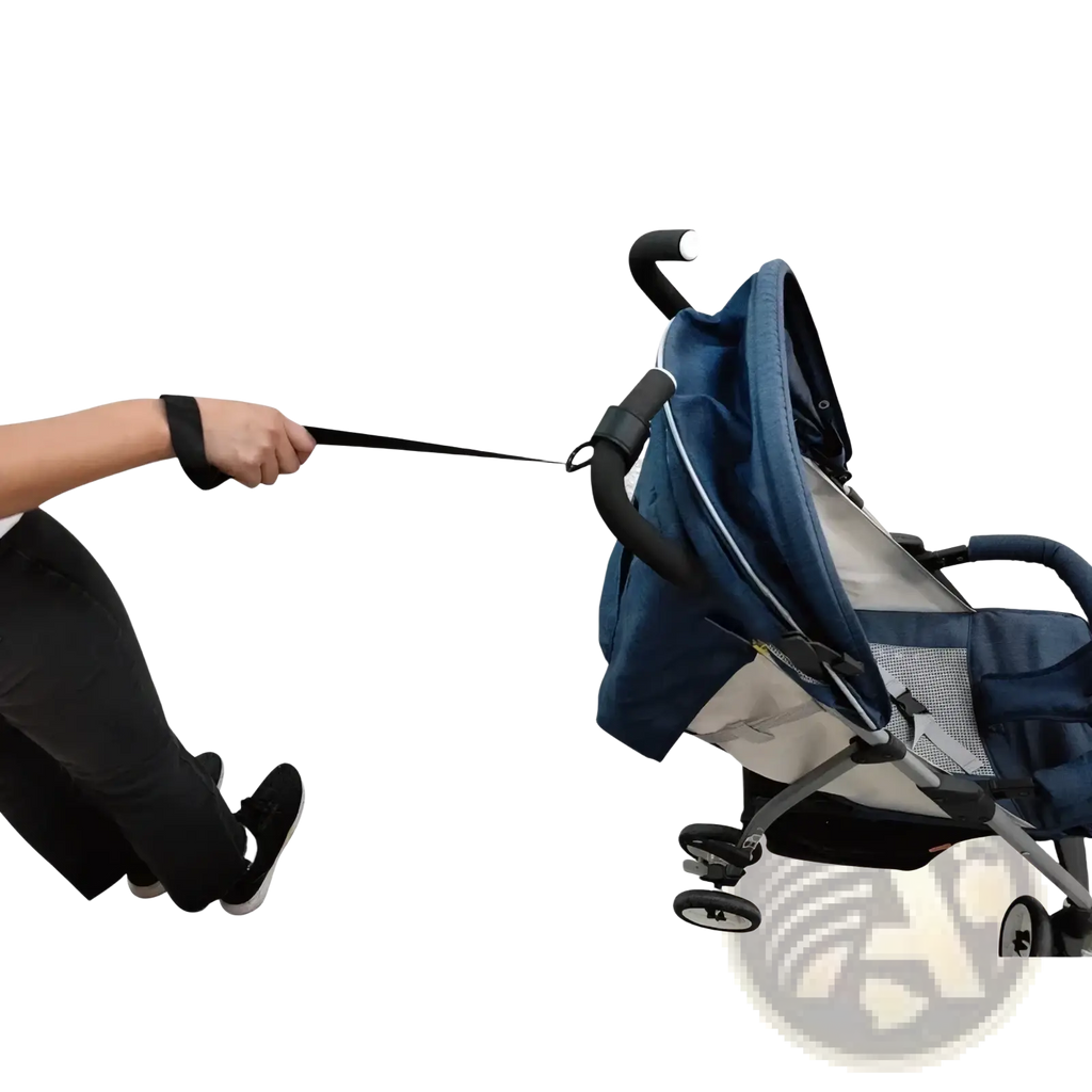 Blue and gray stroller with black handle grips and wheels featuring a stroller safety wrist strap anti skid leash