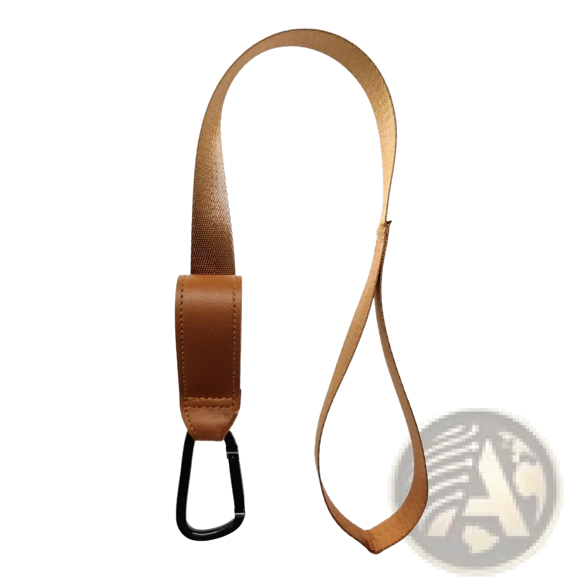Tan fabric stroller safety wrist strap with leather accent and black carabiner clip for anti skid leash use
