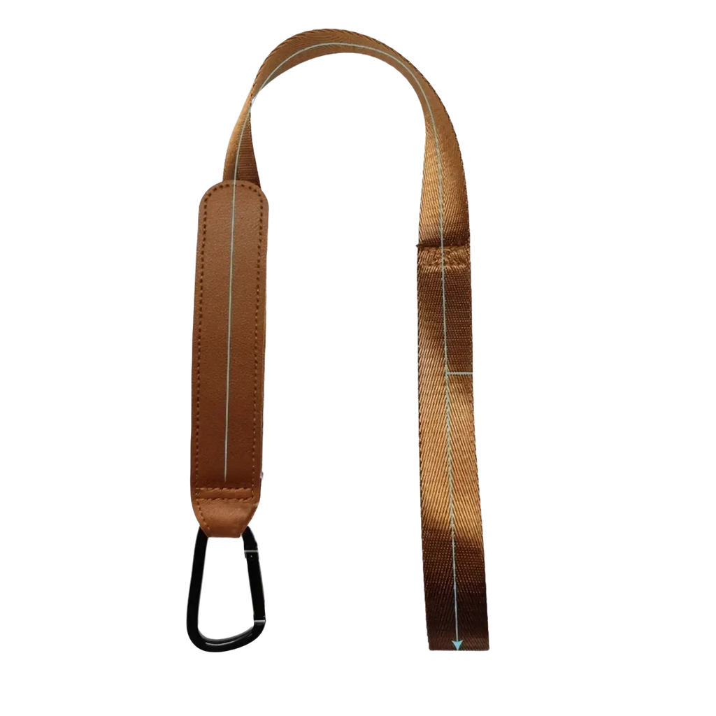 Brown woven stroller safety wrist strap with leather-like padded section and black carabiner clip for anti skid use