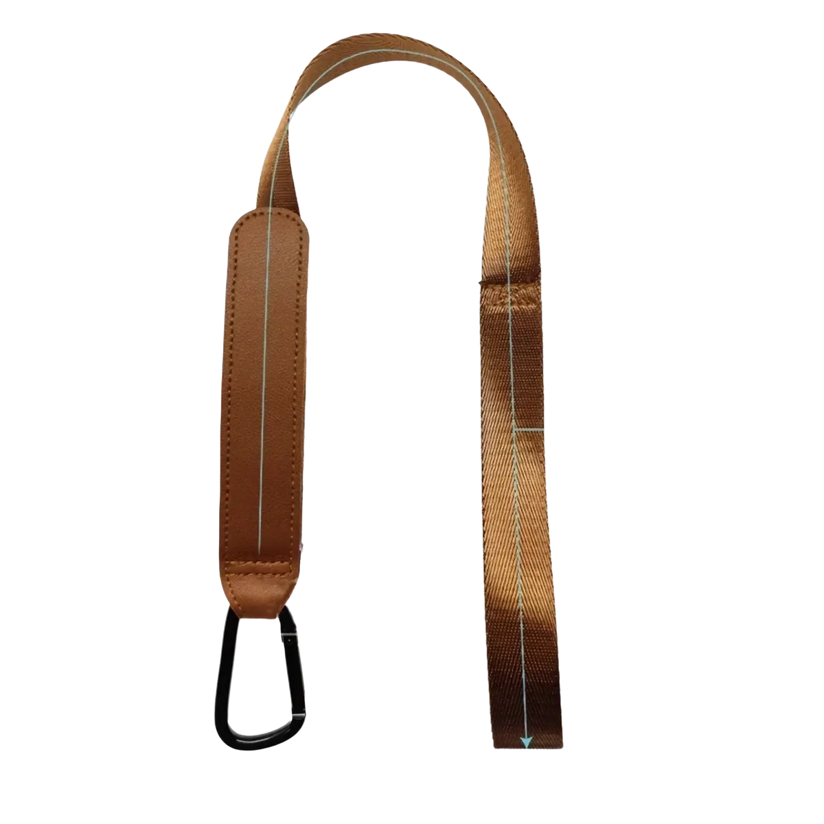 Brown woven stroller safety wrist strap with leather-like padded section and black carabiner clip for anti skid use