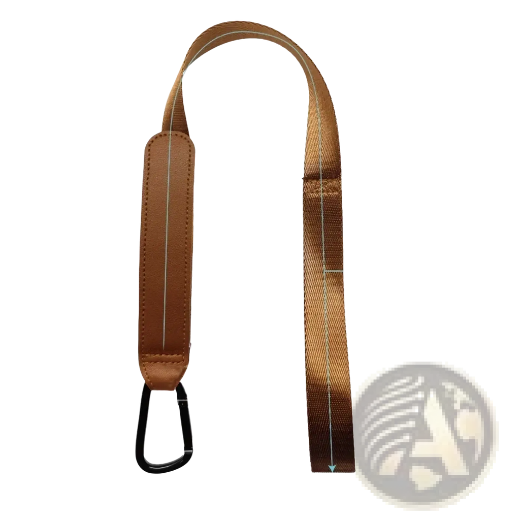 Brown woven stroller safety wrist strap with leather-like padded section and black carabiner clip for anti skid use