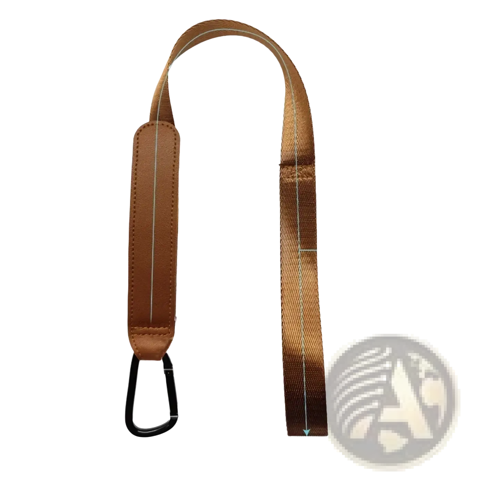 Brown woven stroller safety wrist strap with leather-like padded section and black carabiner clip for anti skid use