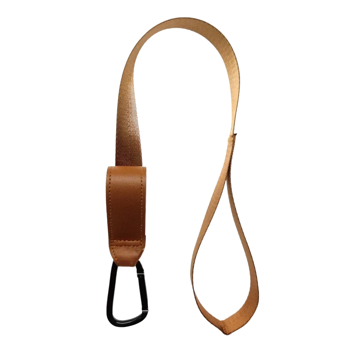 Tan fabric stroller safety wrist strap with leather accent and black carabiner clip for anti skid leash use