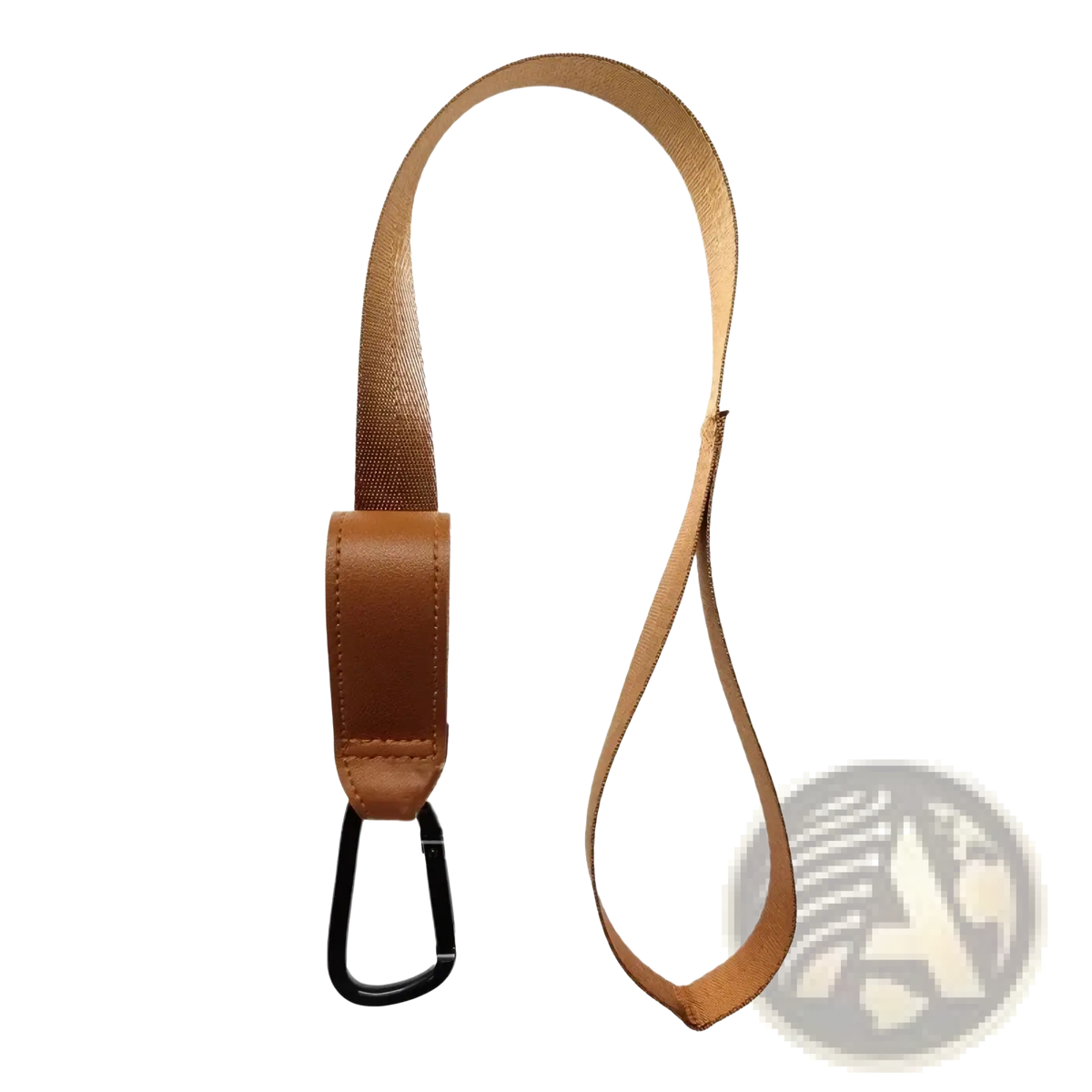 Tan fabric stroller safety wrist strap with leather accent and black carabiner clip for anti skid leash use
