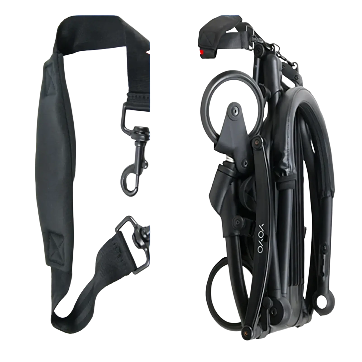 Black yoyo folding bicycle with sleek compact design and durable frame shown with stroller shoulder strap for yoyo pram