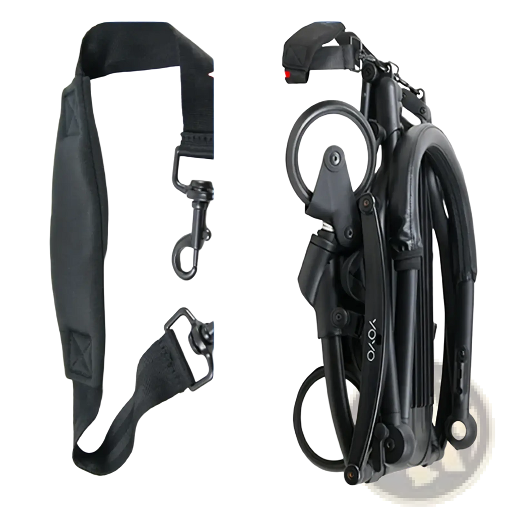 Black yoyo folding bicycle with sleek compact design and durable frame shown with stroller shoulder strap for yoyo pram