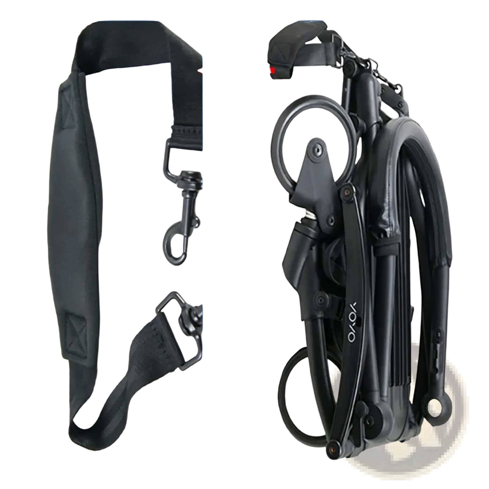 Black yoyo folding bicycle with sleek compact design and durable frame shown with stroller shoulder strap for yoyo pram