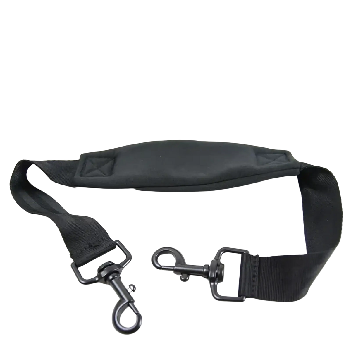 Black nylon stroller shoulder strap for Yoyo Yoya pram with padded shoulder pad and metal hardware shown from back side