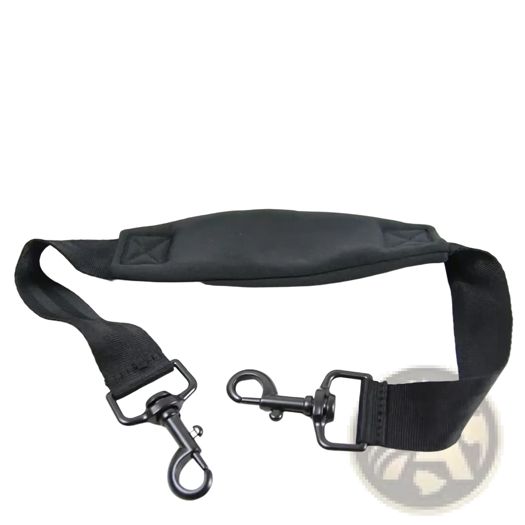 Black nylon stroller shoulder strap for Yoyo Yoya pram with padded shoulder pad and metal hardware shown from back side