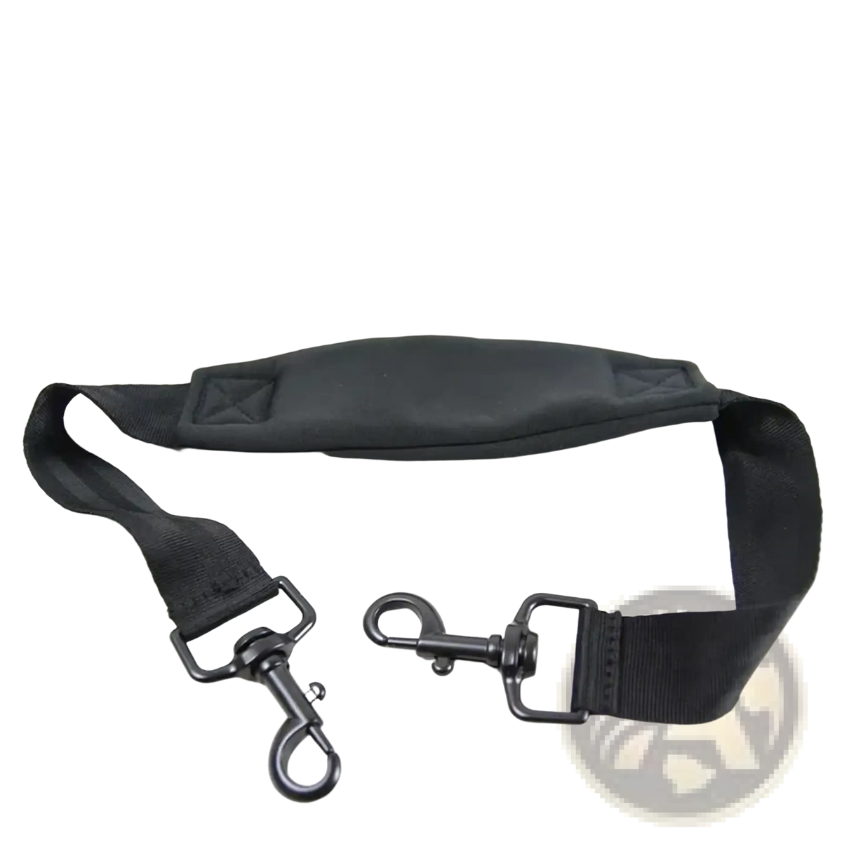 Black nylon stroller shoulder strap for Yoyo Yoya pram with padded shoulder pad and metal hardware shown from back side