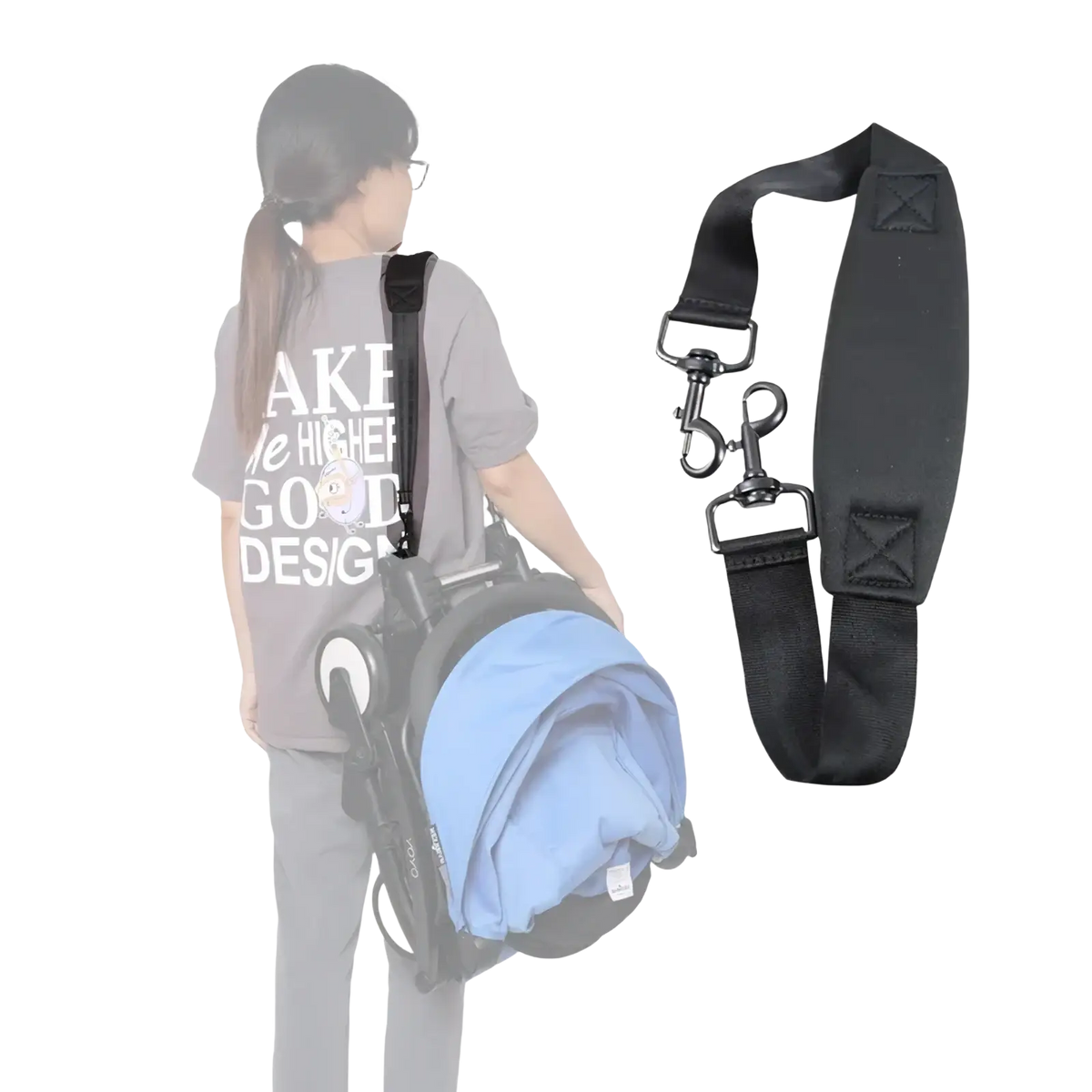 Black padded stroller shoulder strap for yoyo yoya pram with metal clasps and reinforced stitching