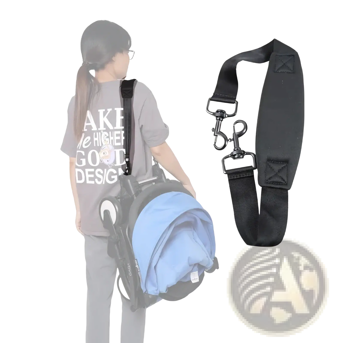 Black padded stroller shoulder strap for yoyo yoya pram with metal clasps and reinforced stitching