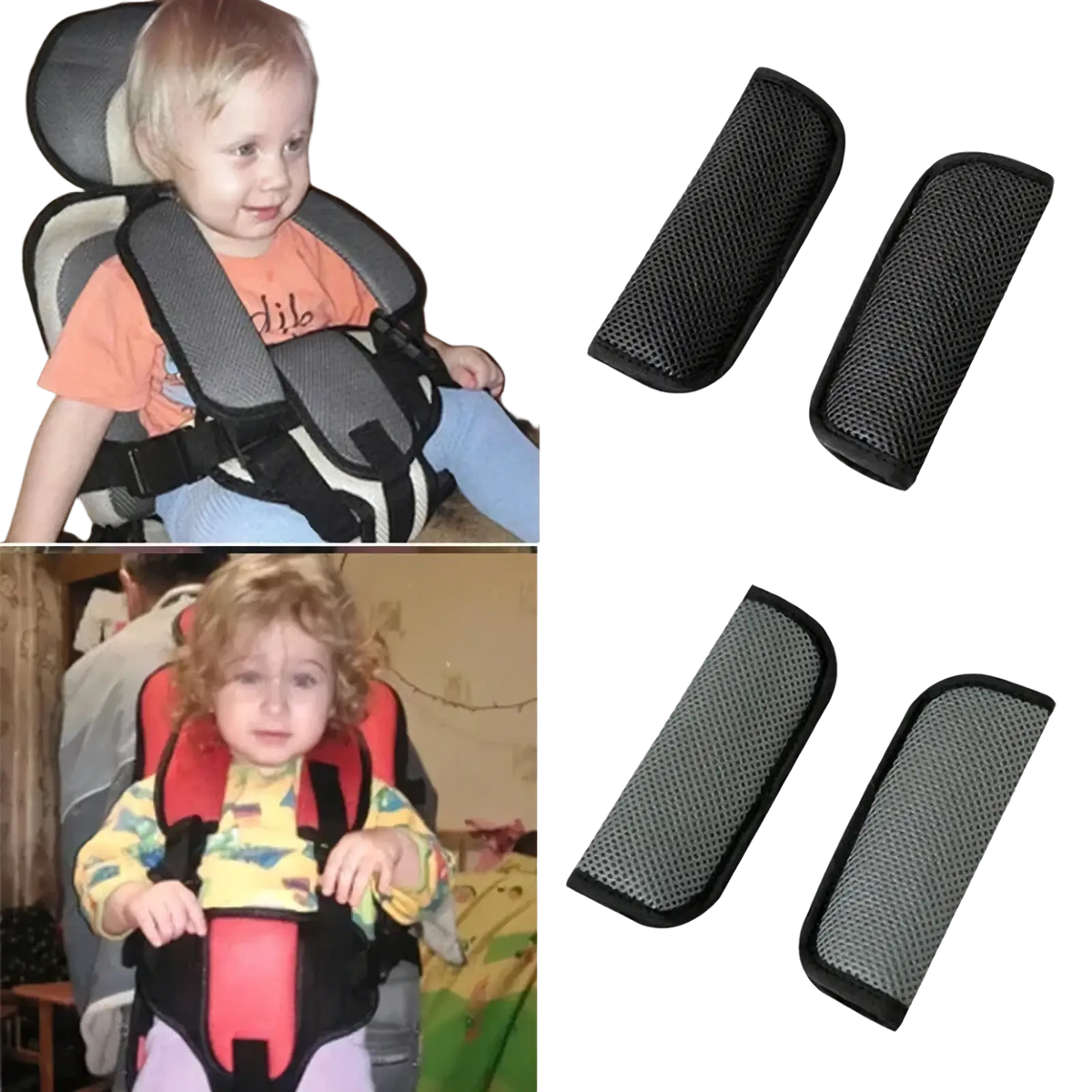 Black and gray breathable mesh stroller strap covers with reinforced edges for comfortable shoulder padding