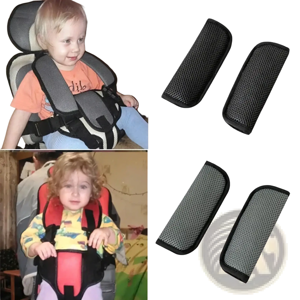 Black and gray breathable mesh stroller strap covers with reinforced edges for comfortable shoulder padding