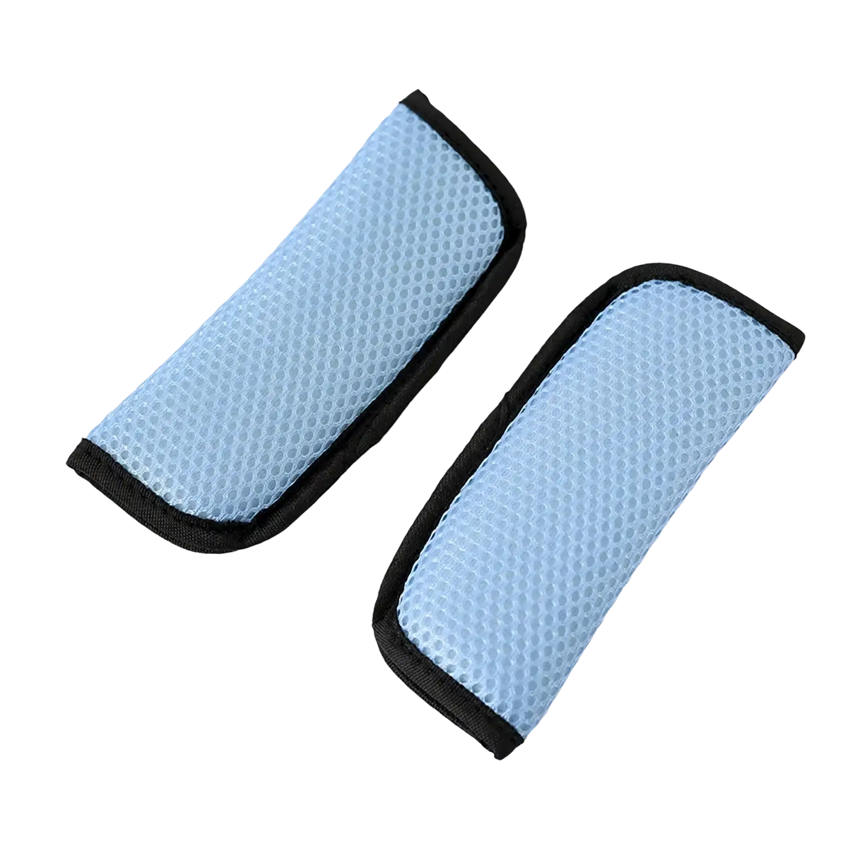 Light blue mesh stroller strap covers with black trim breathable shoulder pads for car seat belt protection