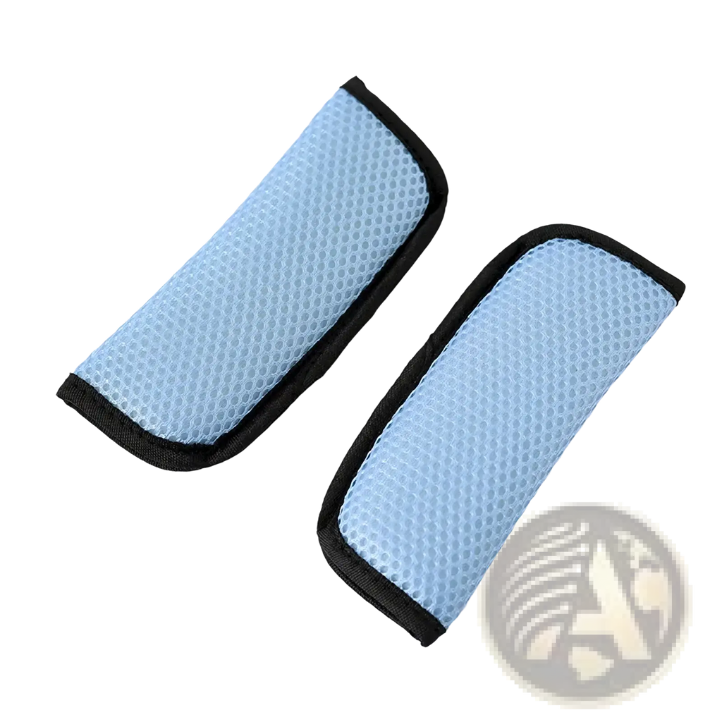 Light blue mesh stroller strap covers with black trim breathable shoulder pads for car seat belt protection