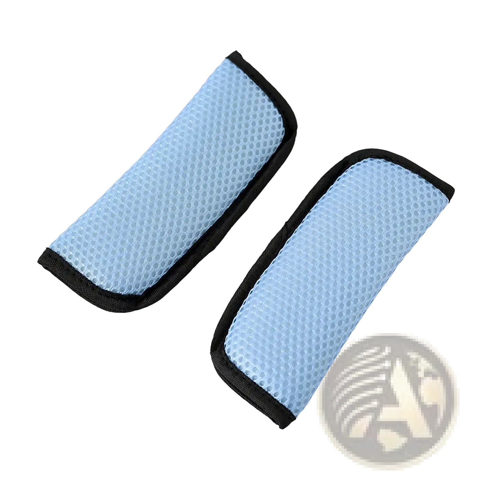 Light blue mesh stroller strap covers with black trim breathable shoulder pads for car seat belt protection