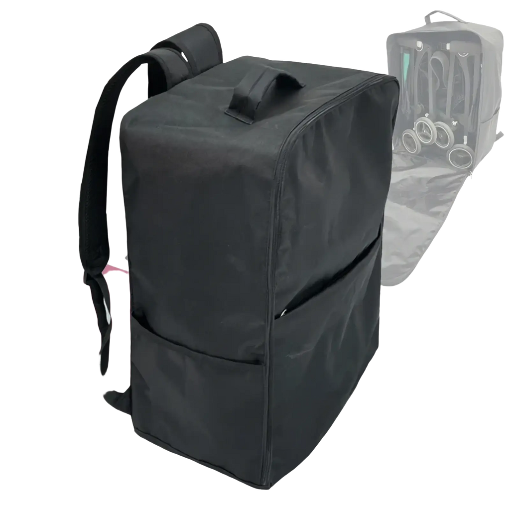 Black fabric stroller travel backpack for cybex libelle gb pockit with adjustable straps and multiple pockets back view