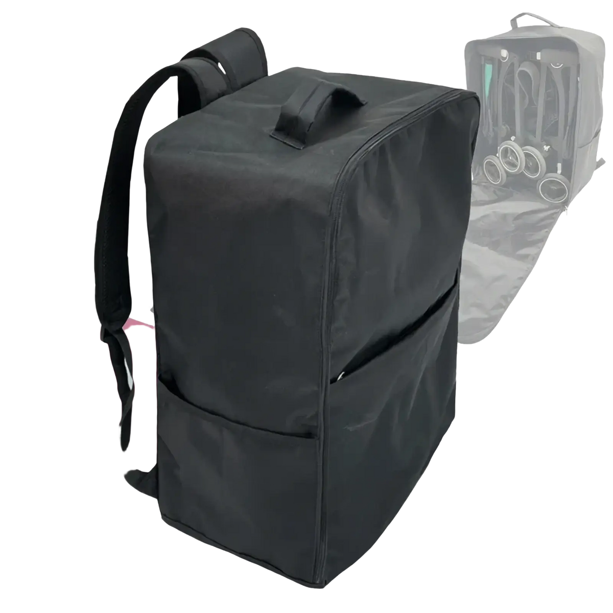 Black fabric stroller travel backpack for cybex libelle gb pockit with adjustable straps and multiple pockets back view