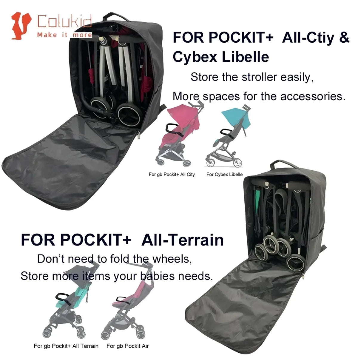 Black fabric stroller travel backpack for cybex libelle gb pockit with multiple compartments and padded interior
