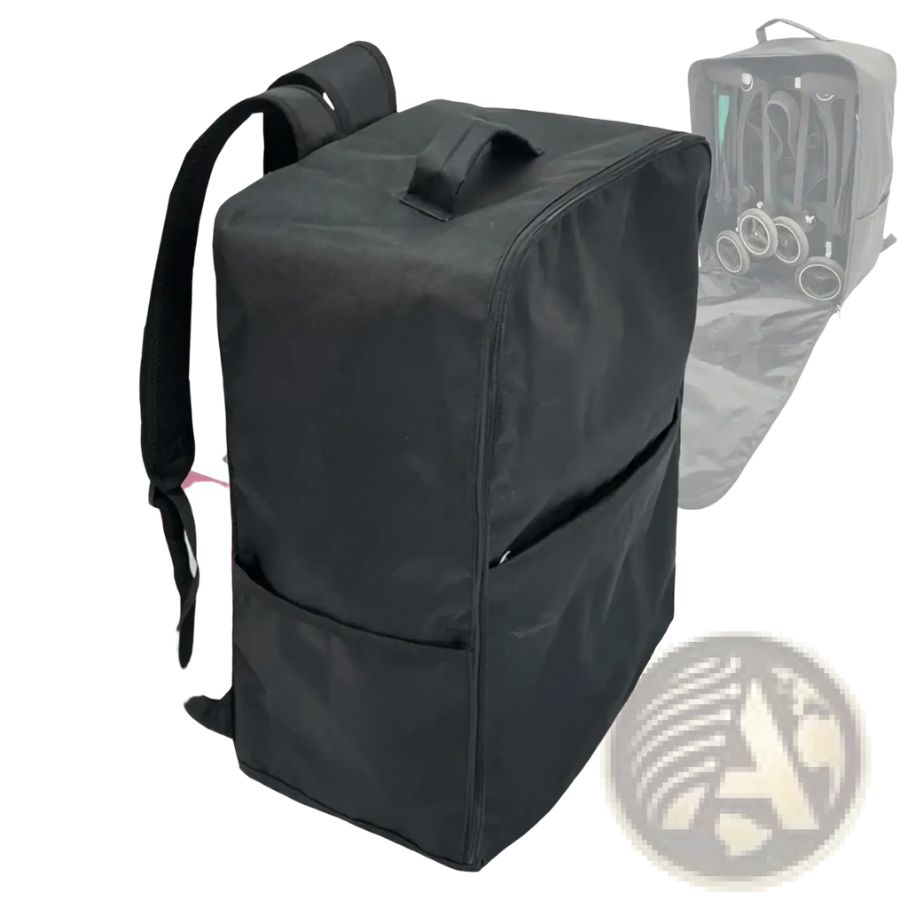 Black fabric stroller travel backpack for cybex libelle gb pockit with adjustable straps and multiple pockets back view