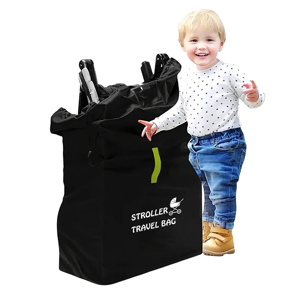 Black stroller travel bag with lime green stripe and white stroller travel bag text for universal pram dust cover organizer