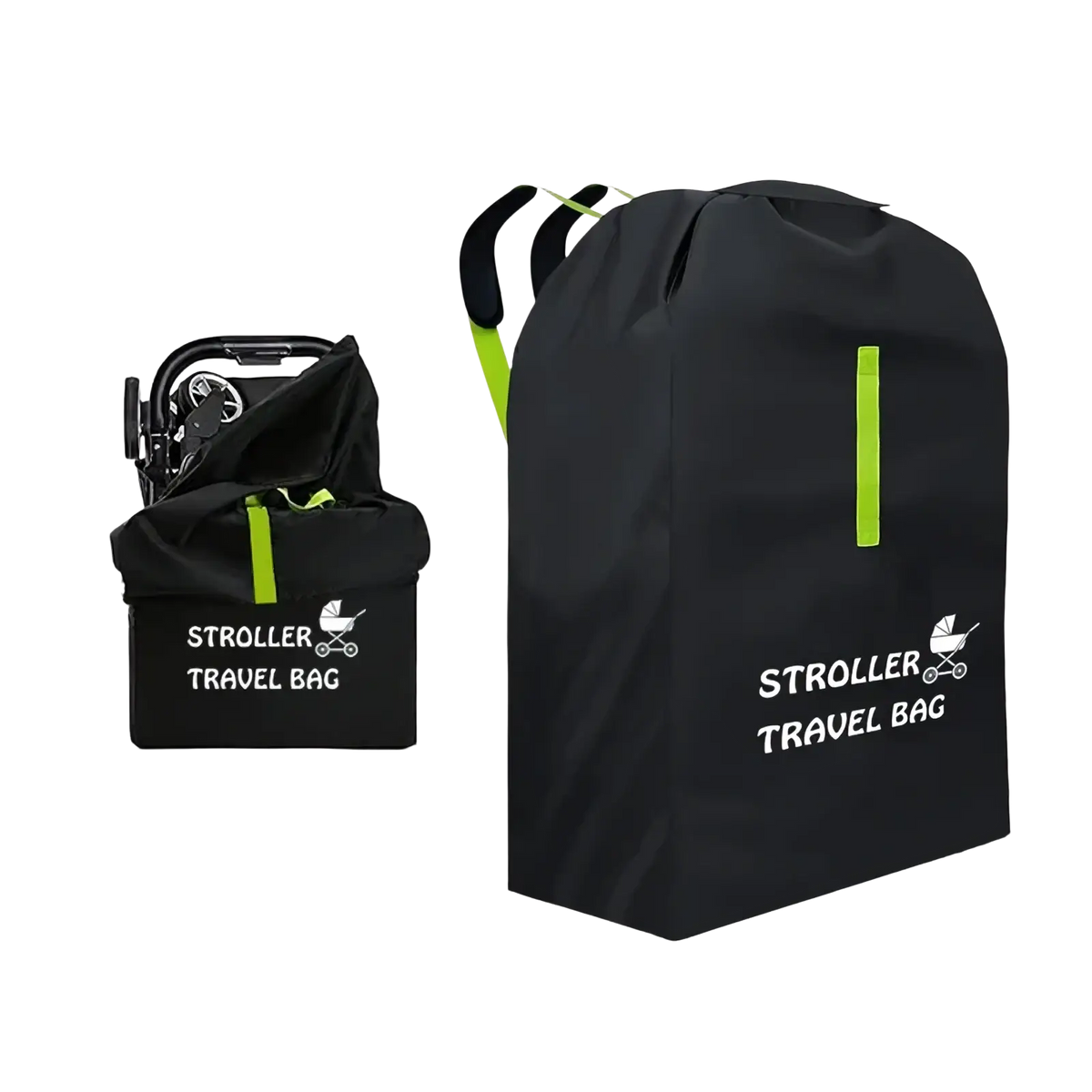 Black stroller travel bag with neon green accents and white logo designed as a universal pram dust cover organizer