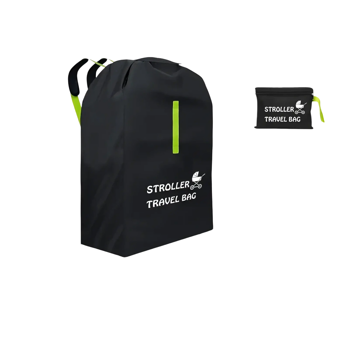 Black stroller travel bag with neon green accents and drawstring closure for universal pram dust cover organizer
