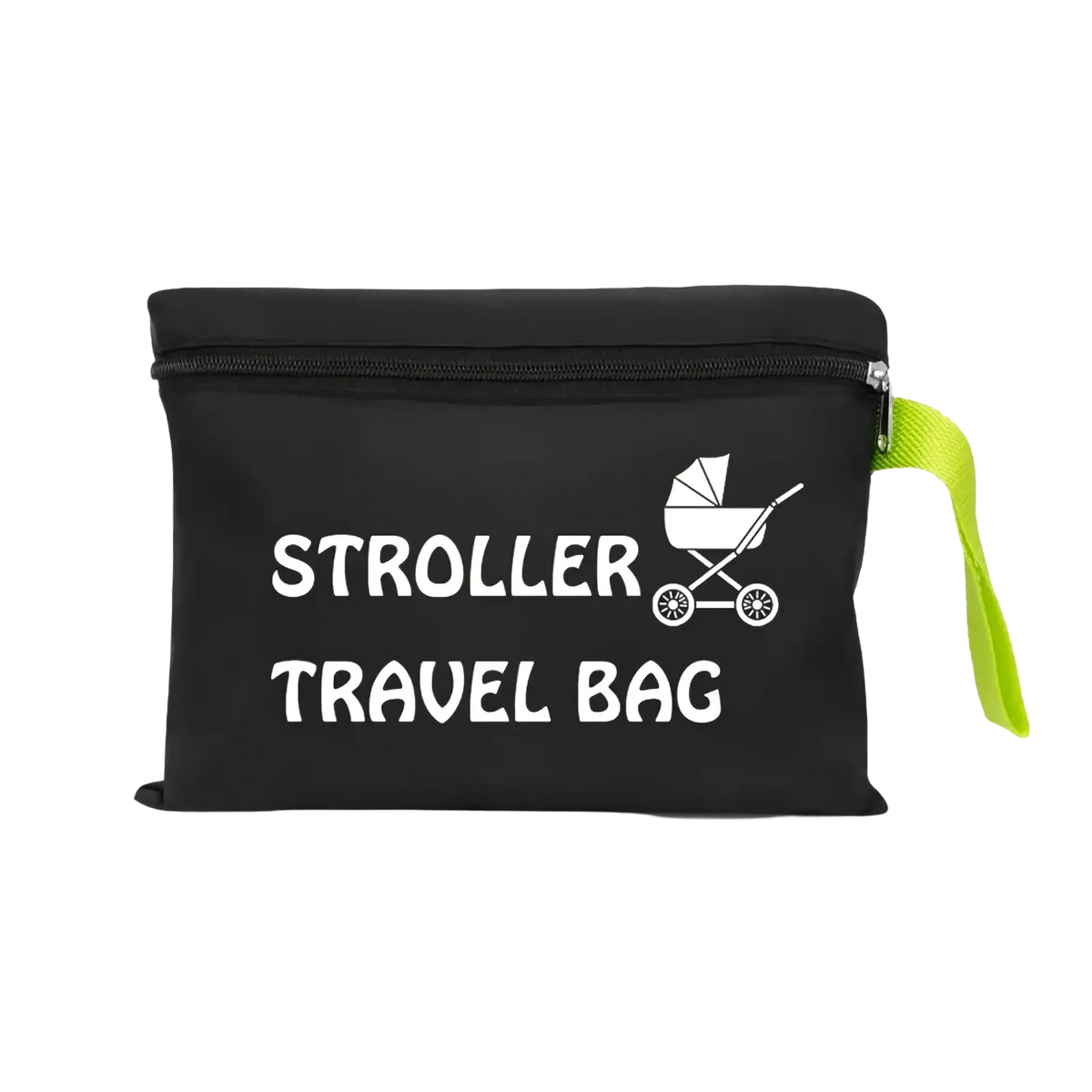 Black universal stroller travel bag with white text, baby carriage graphic, and lime green zipper pull for pram storage