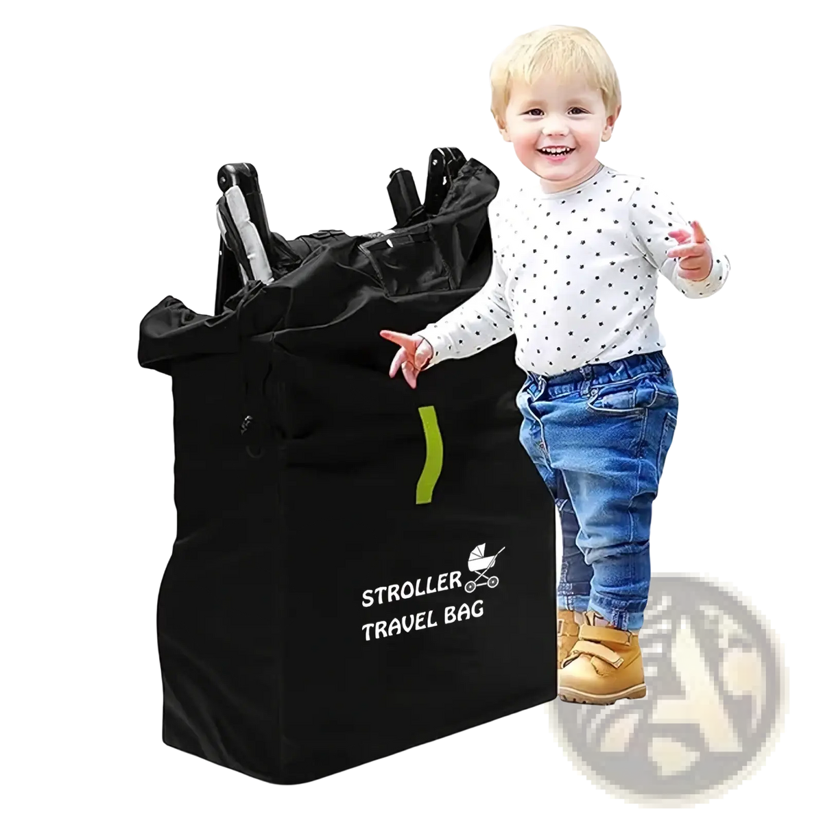 Black stroller travel bag with lime green stripe and white stroller travel bag text for universal pram dust cover organizer
